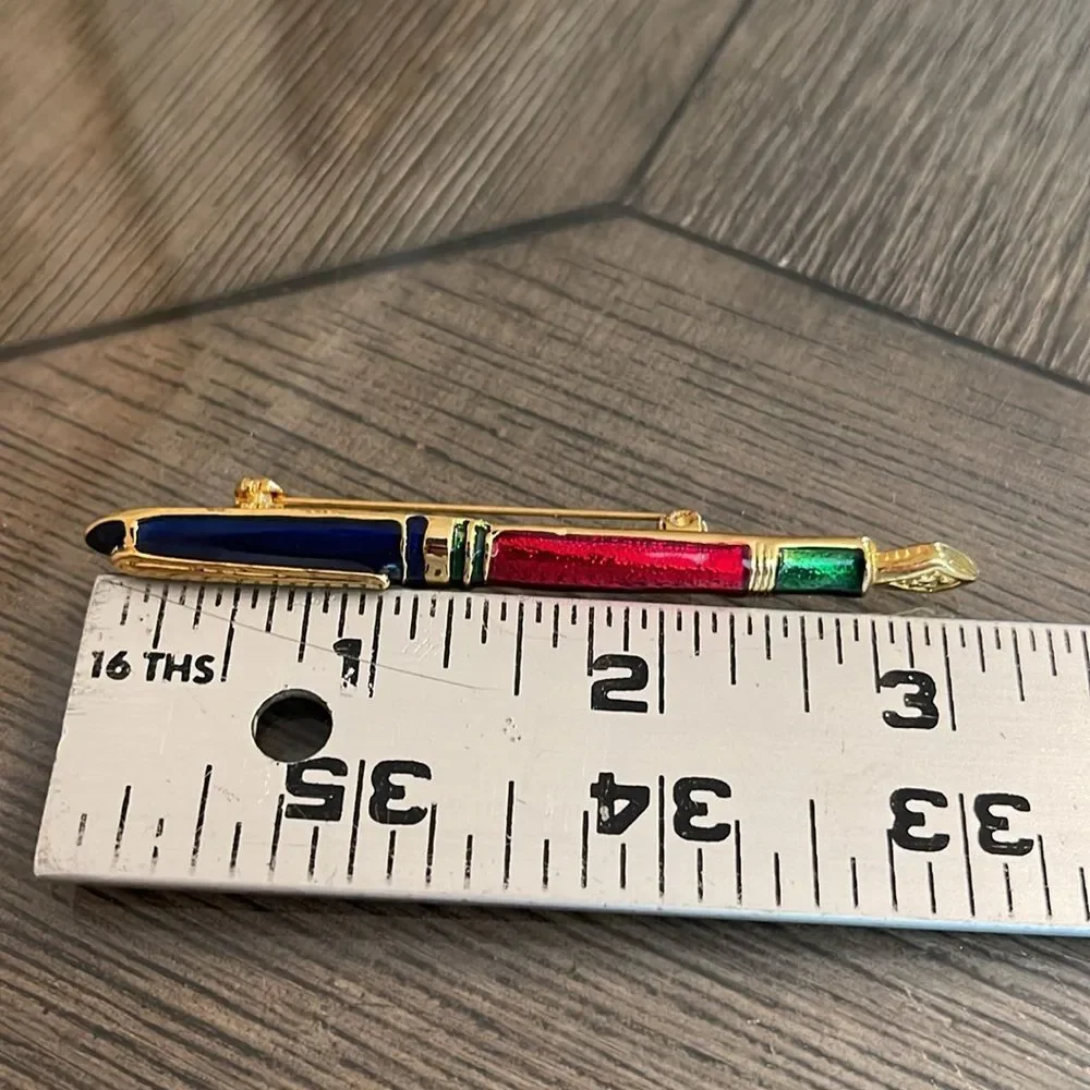 Vintage Style Fountain Pen Pin Navy Blue, Red & Green Enamel Accents